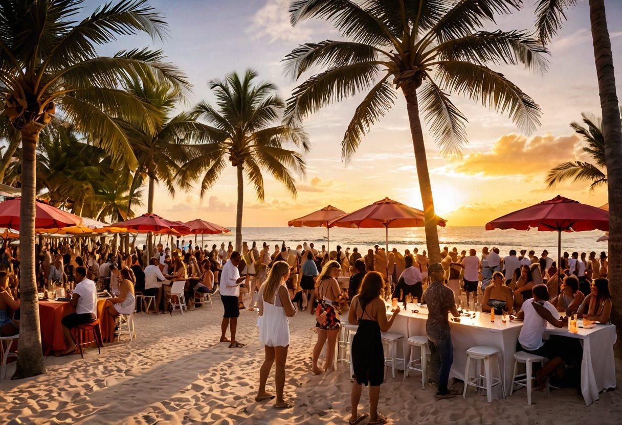 A vibrant Miami beach scene filled with energetic people engaging in flirty conversations, laughing, and dancing at a lively beach party during sunset. Palm trees sway in the background, colorful beach umbrellas dot the sand, and a DJ booth pumps energetic music. Bright, tropical cocktails sit on tables, and the ocean sparkles in the warm golden light. super-realistic. vibrant colors. wide landscape.