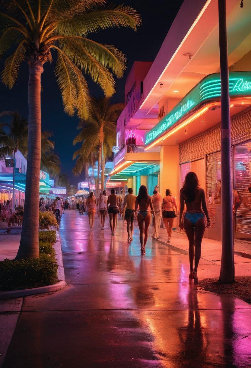 A vibrant Miami nightlife scene with neon lights reflecting off palm trees, showcasing a diverse group of people enjoying an evening out. Include hints of adult entertainment like a lively dance club entrance and playful street performers. The atmosphere should radiate joy and excitement, embodying the spirit of adventure. super-realistic. vibrant colors. night setting.