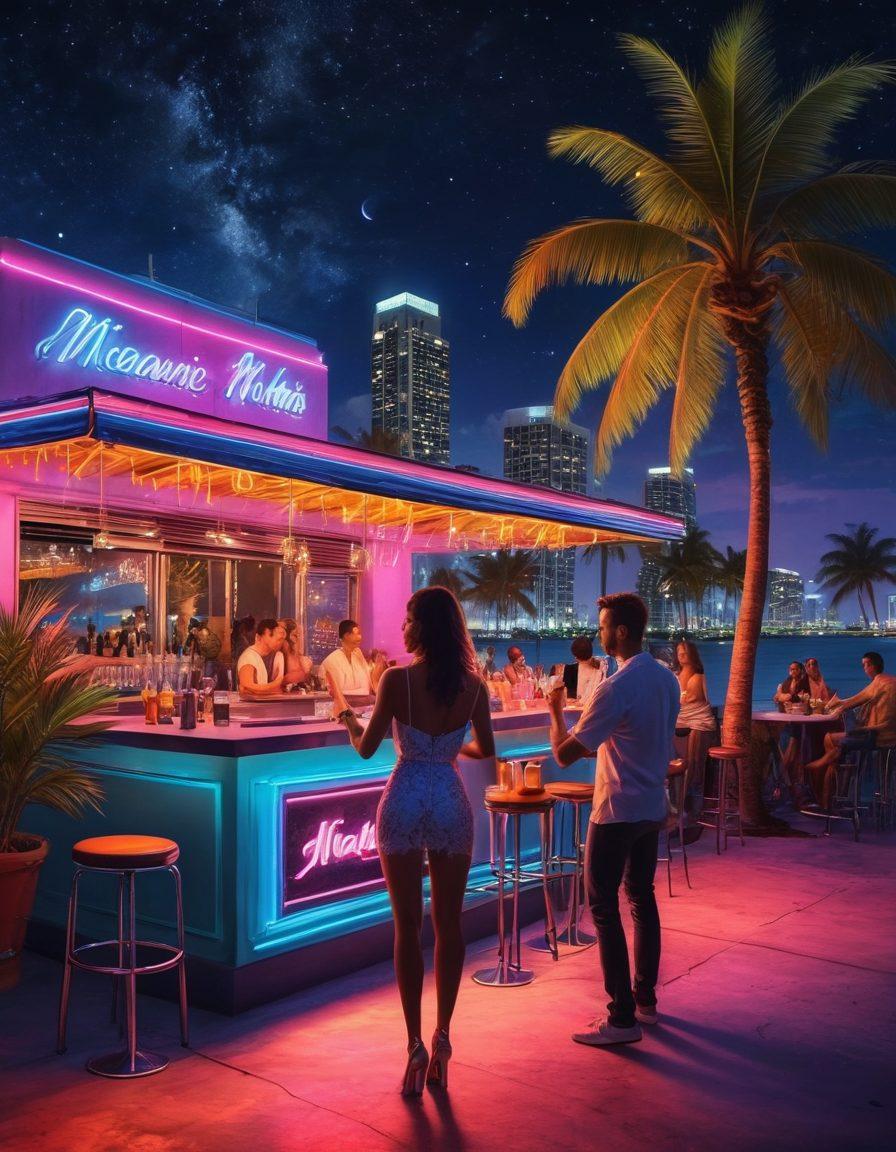 A vibrant Miami nightlife scene featuring lively music, colorful neon lights, and people dancing joyfully in the foreground. Highlight flirty interactions between couples on a rooftop bar with a palm tree backdrop, showcasing cocktails and laughter under a starry sky. Include an artistic representation of iconic Miami architecture in the distance. super-realistic. vibrant colors. night scene.
